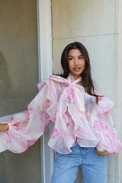 Volledige outfit met blouse bloemen print roze