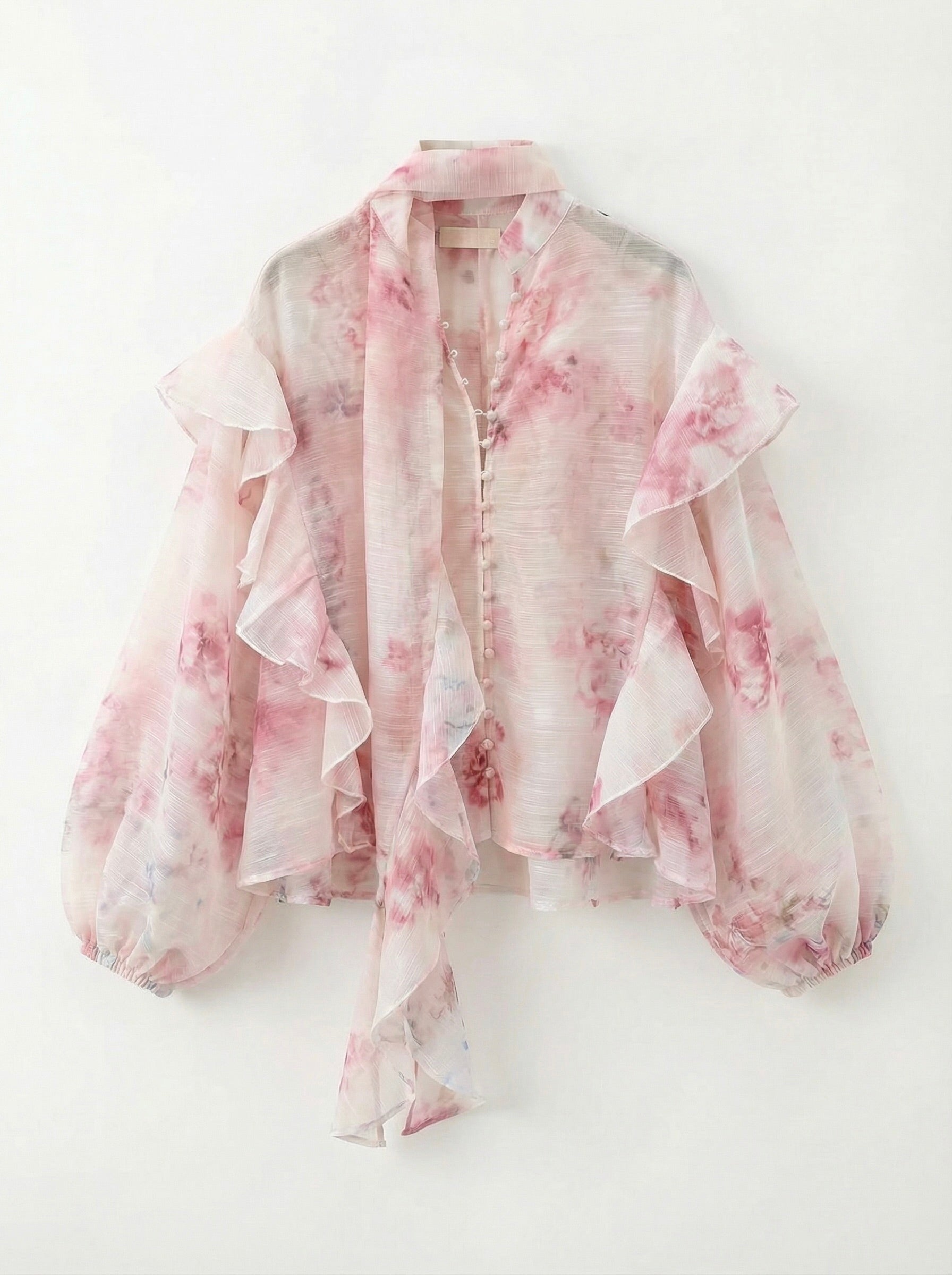 Productfoto blouse bloemen print roze op hanger
