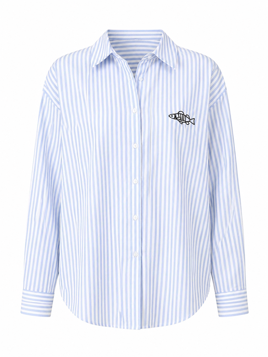 blauwe gestreepte blouse met vis borduursel voorkant