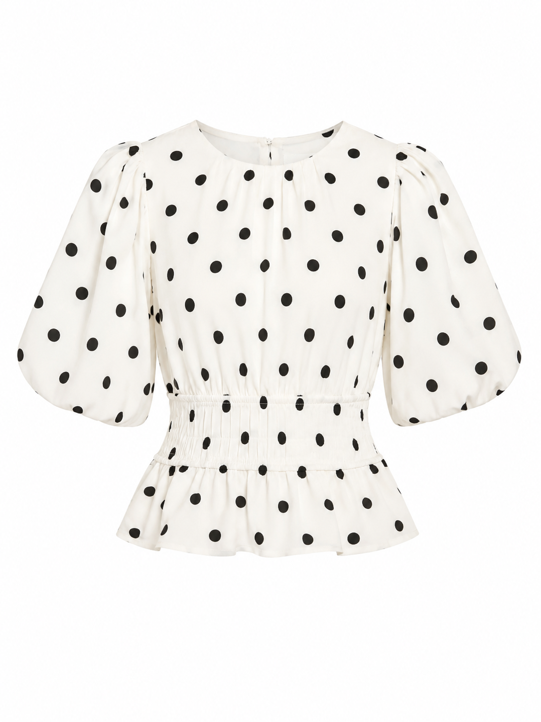 Crème blouse met zwarte polka dots en pofmouwen voorkant dames