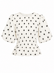 Crème blouse met zwarte polka dots en pofmouwen voorkant dames