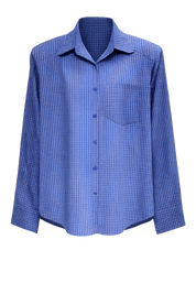 productfoto blauwe blouse met ruit print en kraag