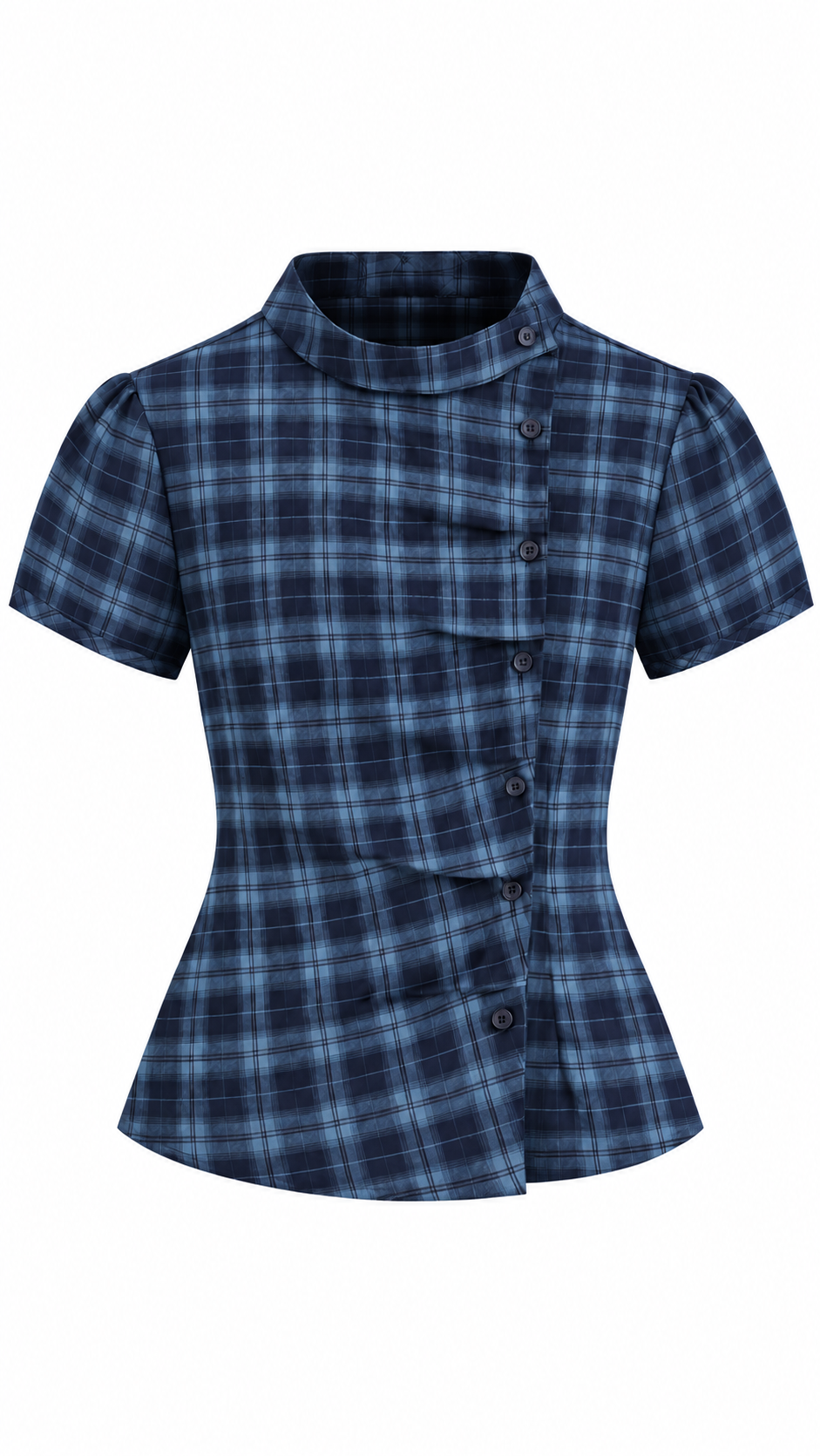 Productfoto van de voorkant van een donkerblauwe geruite blouse met korte mouwen, opstaande kraag en getailleerde onderkant op witte achtergrond.