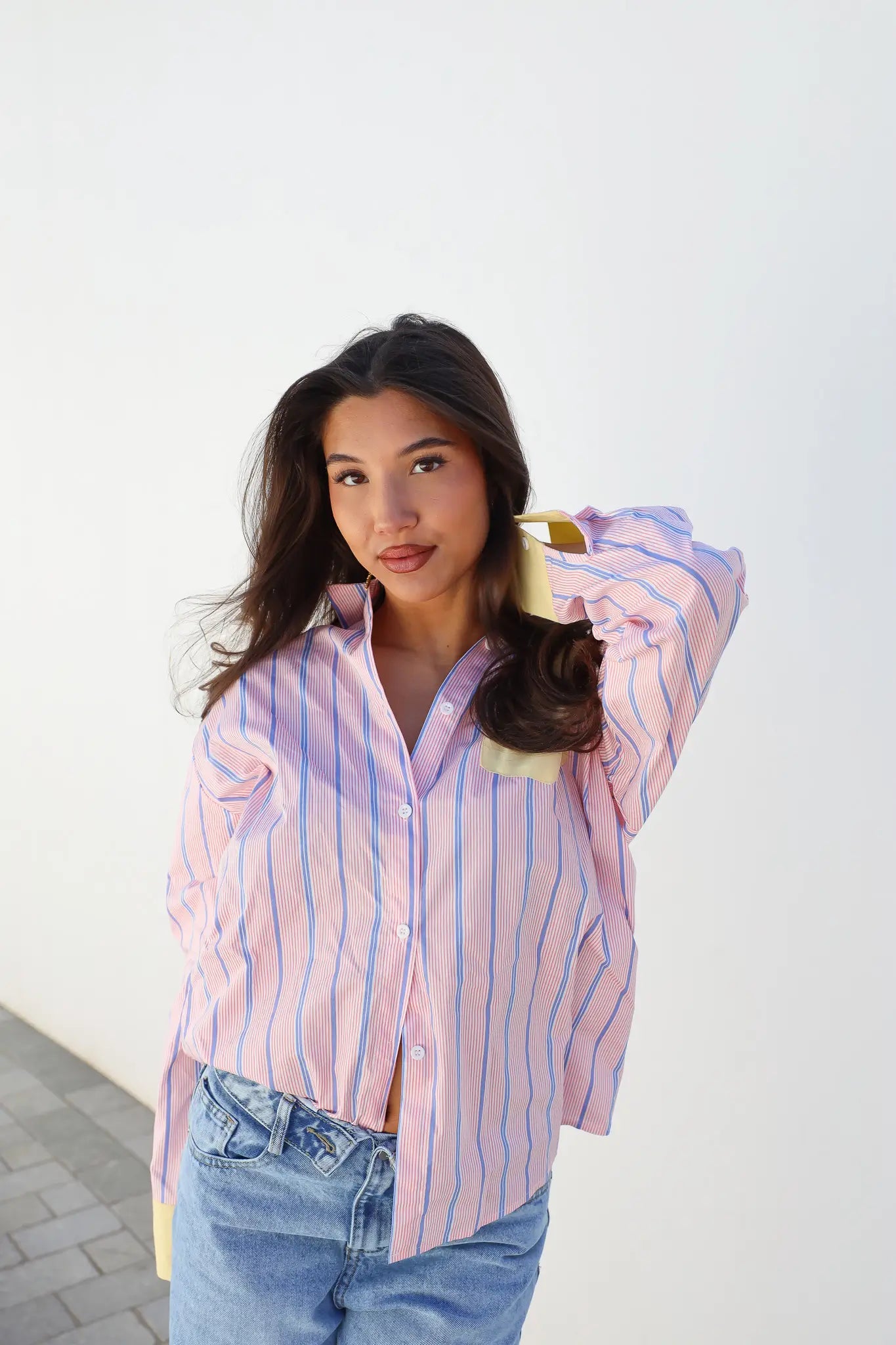 Productfoto blouse strepen roze geel voorkant