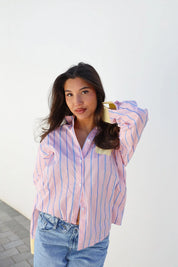Productfoto blouse strepen roze geel voorkant