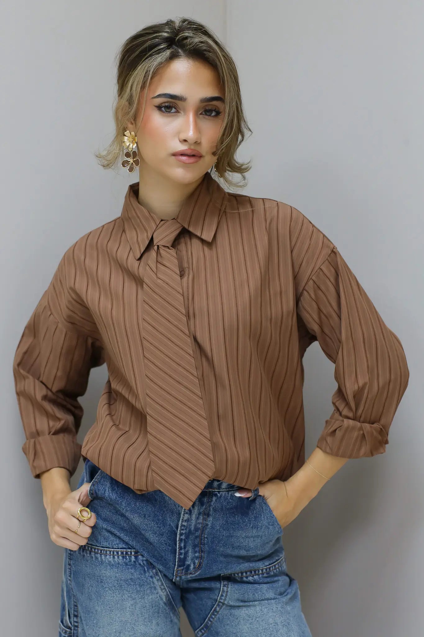 blouse stropdas bruin productfoto ladylike