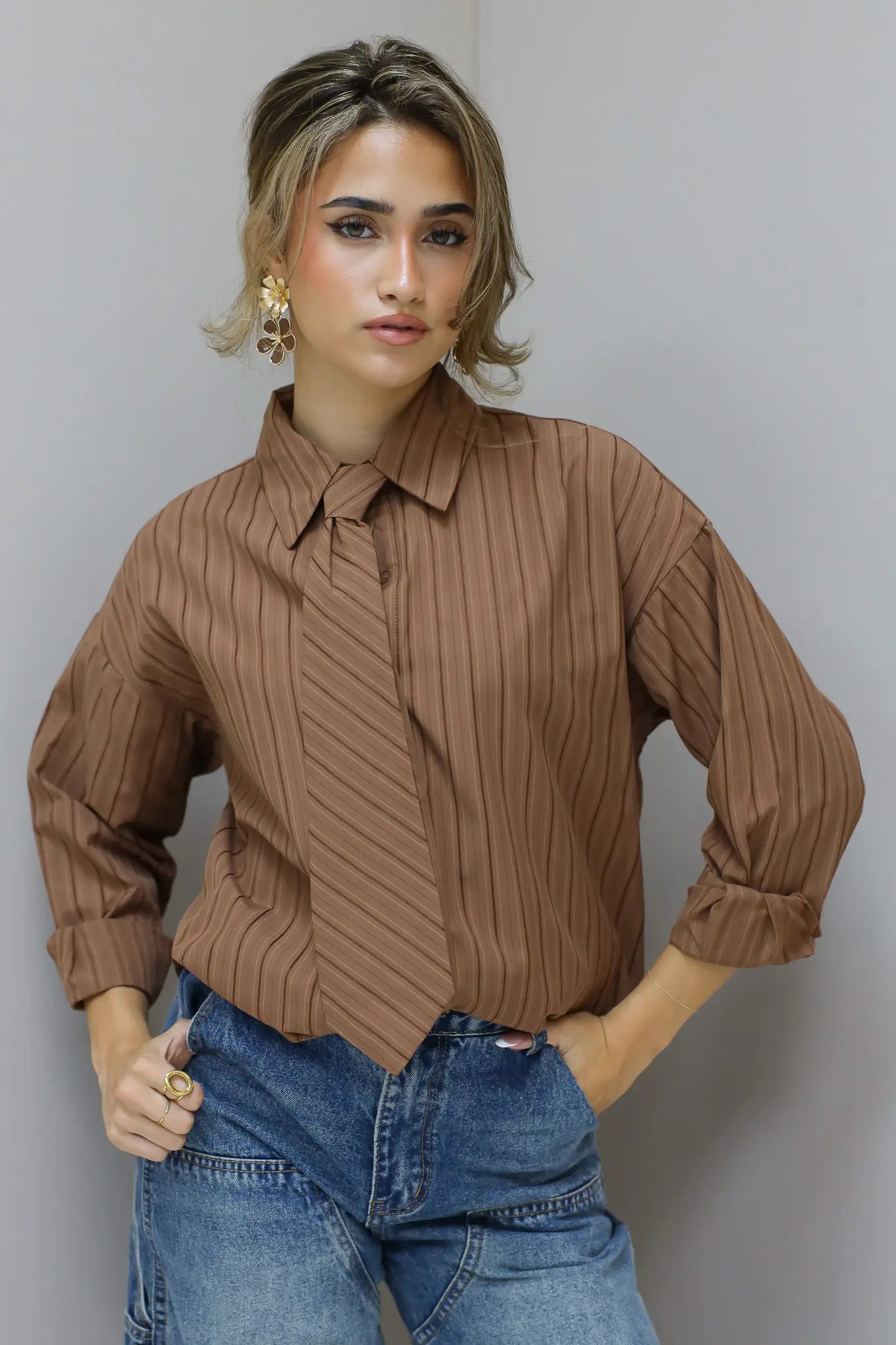 blouse stropdas bruin productfoto ladylike