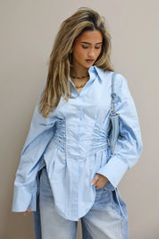 blauwe blouse dames studio detail ladylike