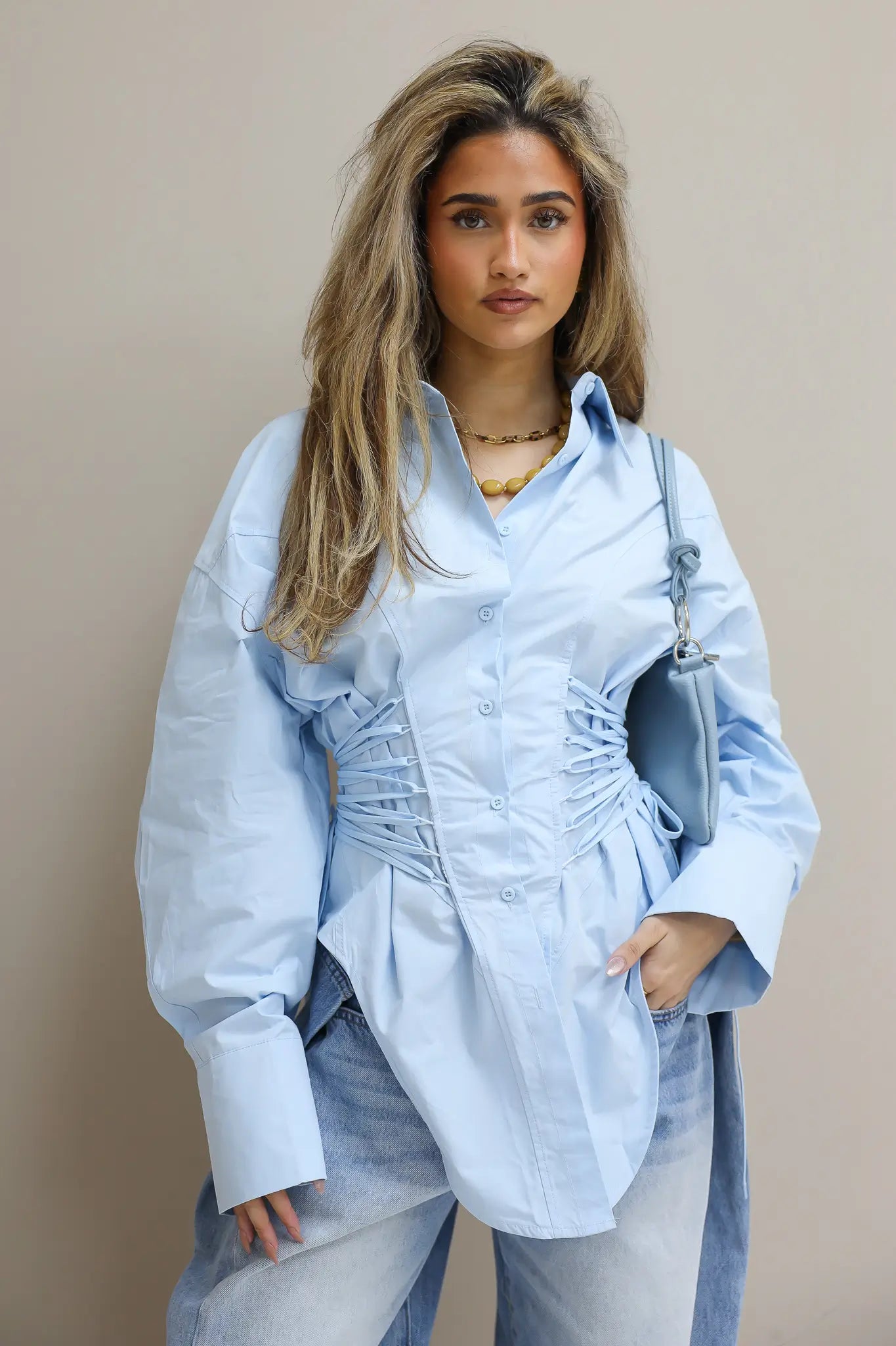 blauwe blouse dames studio model ladylike