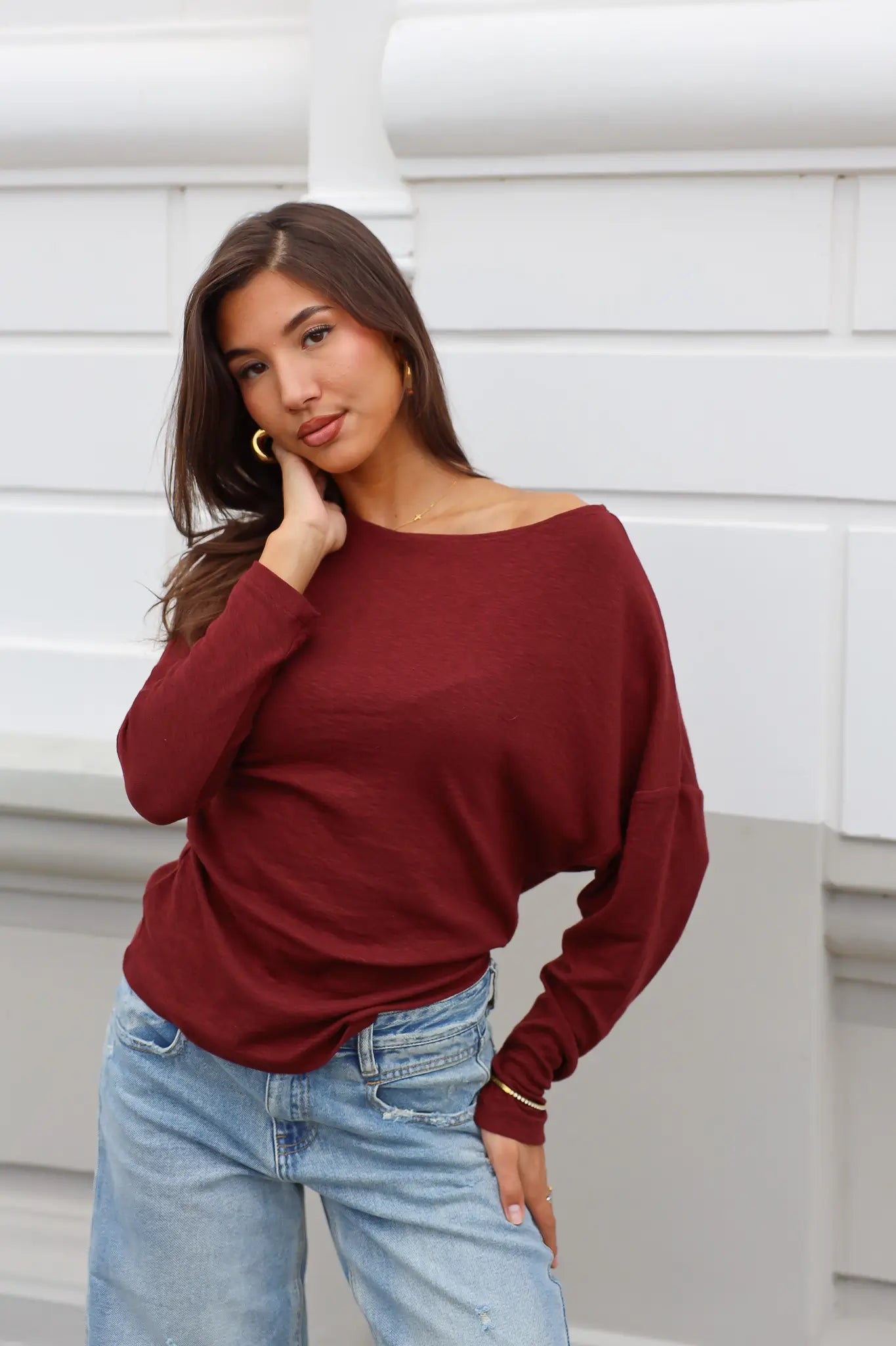 Bordeaux top dames met lange mouwen