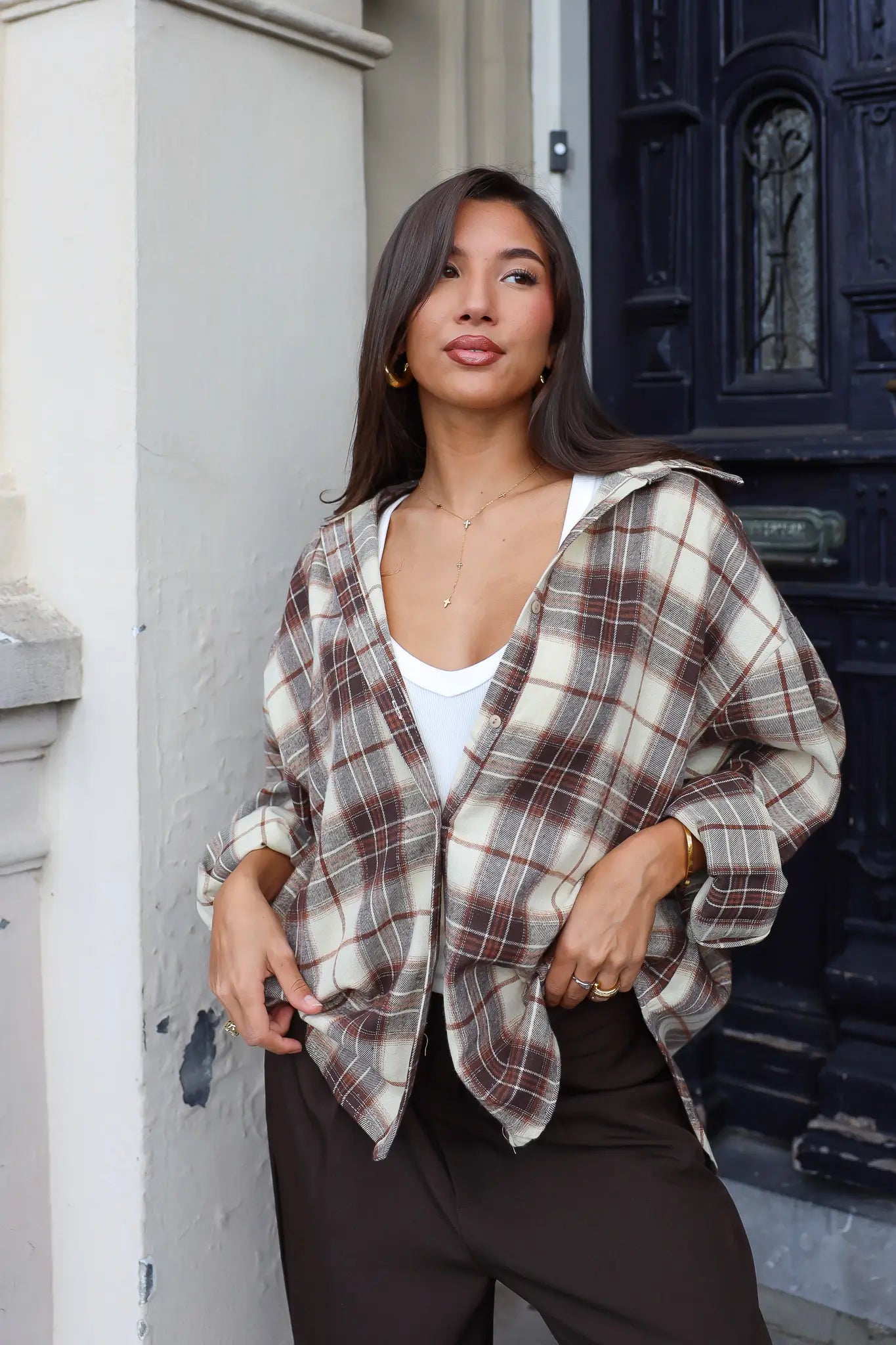 Camel ruit blouse dames met soft flannel look en knoopsluiting
