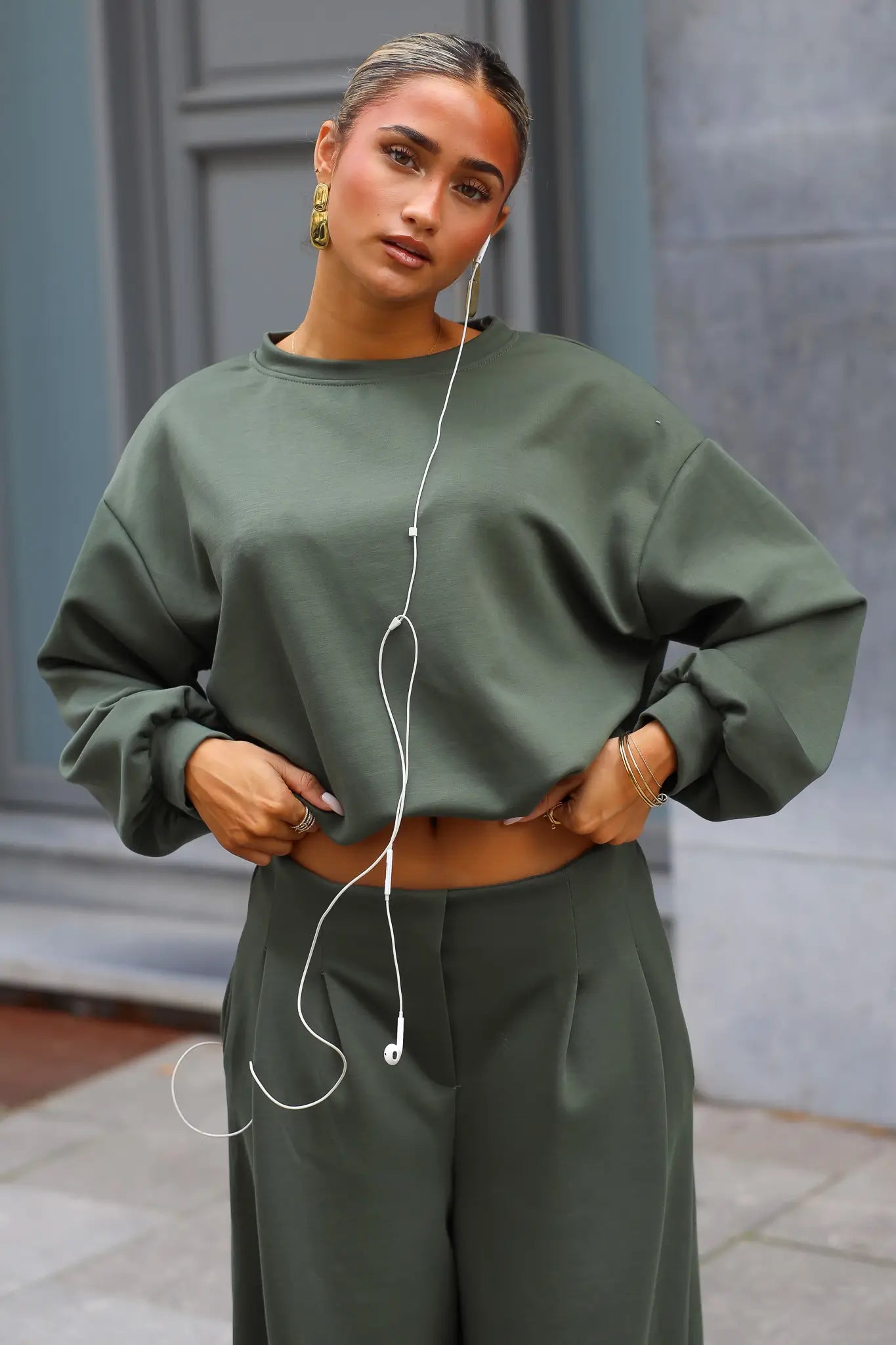 Khaki sweater set met elastische taille en losse pasvorm