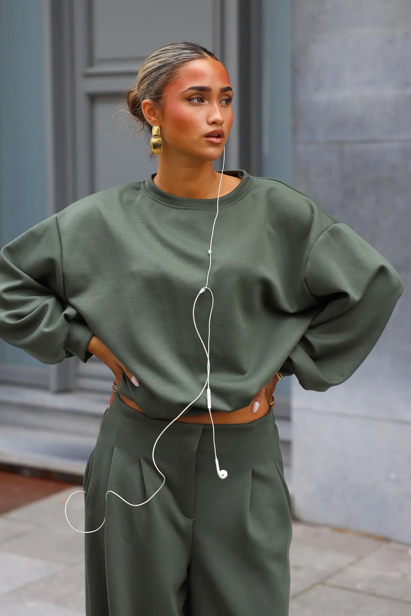 Groene comfy set met oversized sweater en wide leg broek
