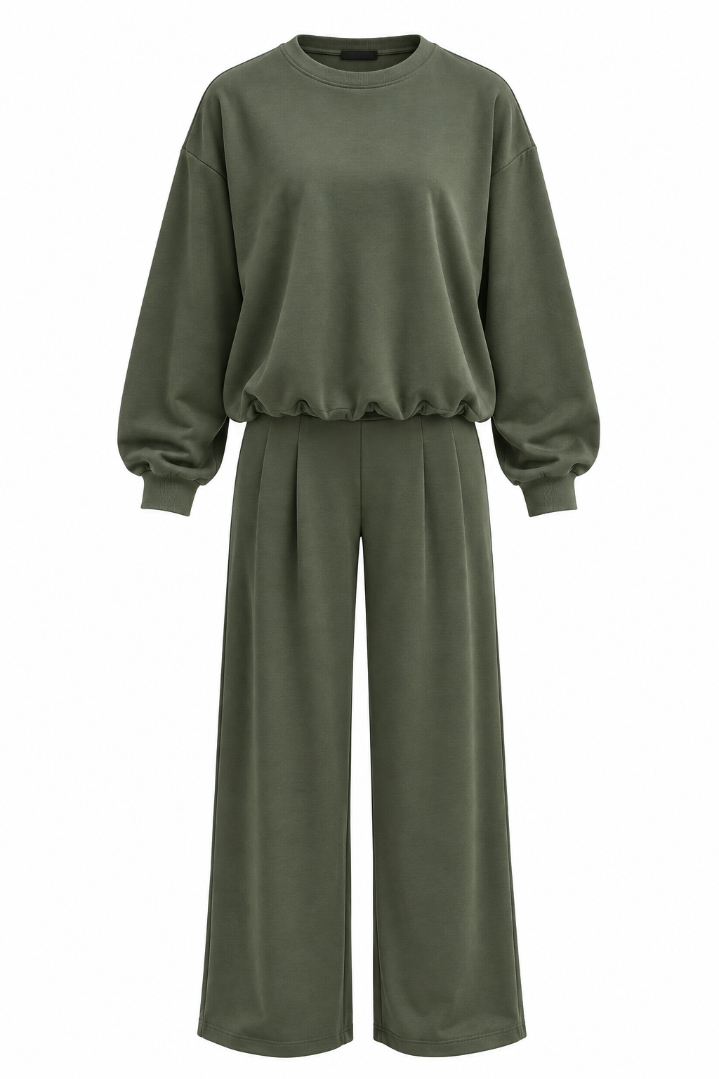 Khaki tweedelige sweater set met ronde hals en wijde broek op witte achtergrond