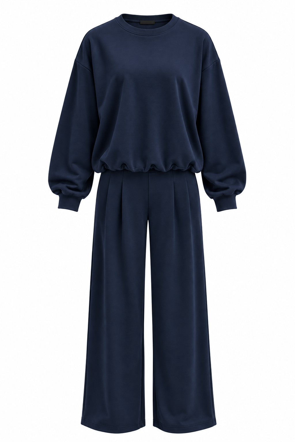 Productfoto van een donkerblauwe tweedelige dames set met lange mouwen en wide leg broek op witte achtergrond