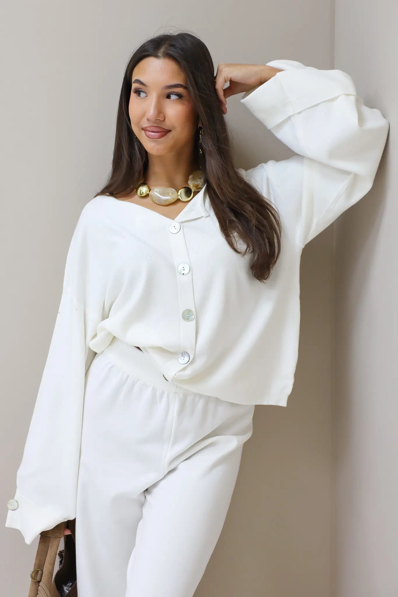 creme vest omslagmouwen set broek co ord set dames lounge pak