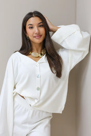 creme vest omslagmouwen set broek co ord set dames lounge pak