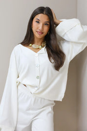 creme vest omslagmouwen set broek co ord set dames lounge pak