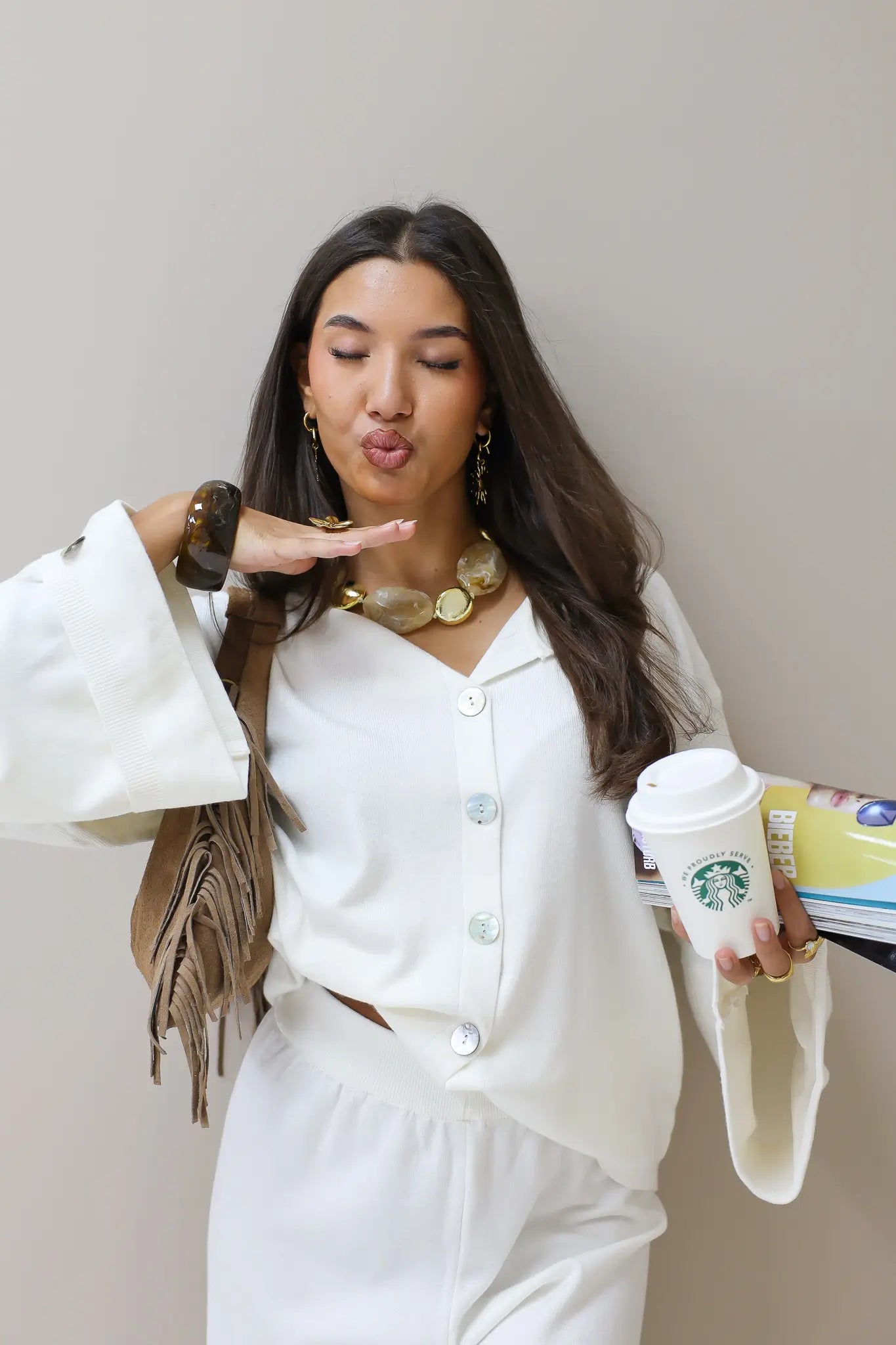 creme vest omslagmouwen set broek co ord set dames lounge pak