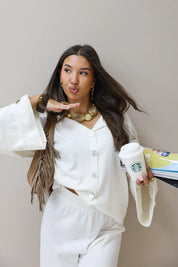 creme vest omslagmouwen set broek co ord set dames lounge pak