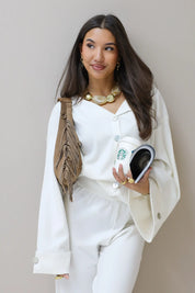 creme vest omslagmouwen set broek co ord set dames lounge pak