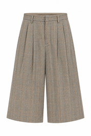 Productfoto van Culotte Ruit Print Camel met plooien en wijde pijpen op witte achtergrond