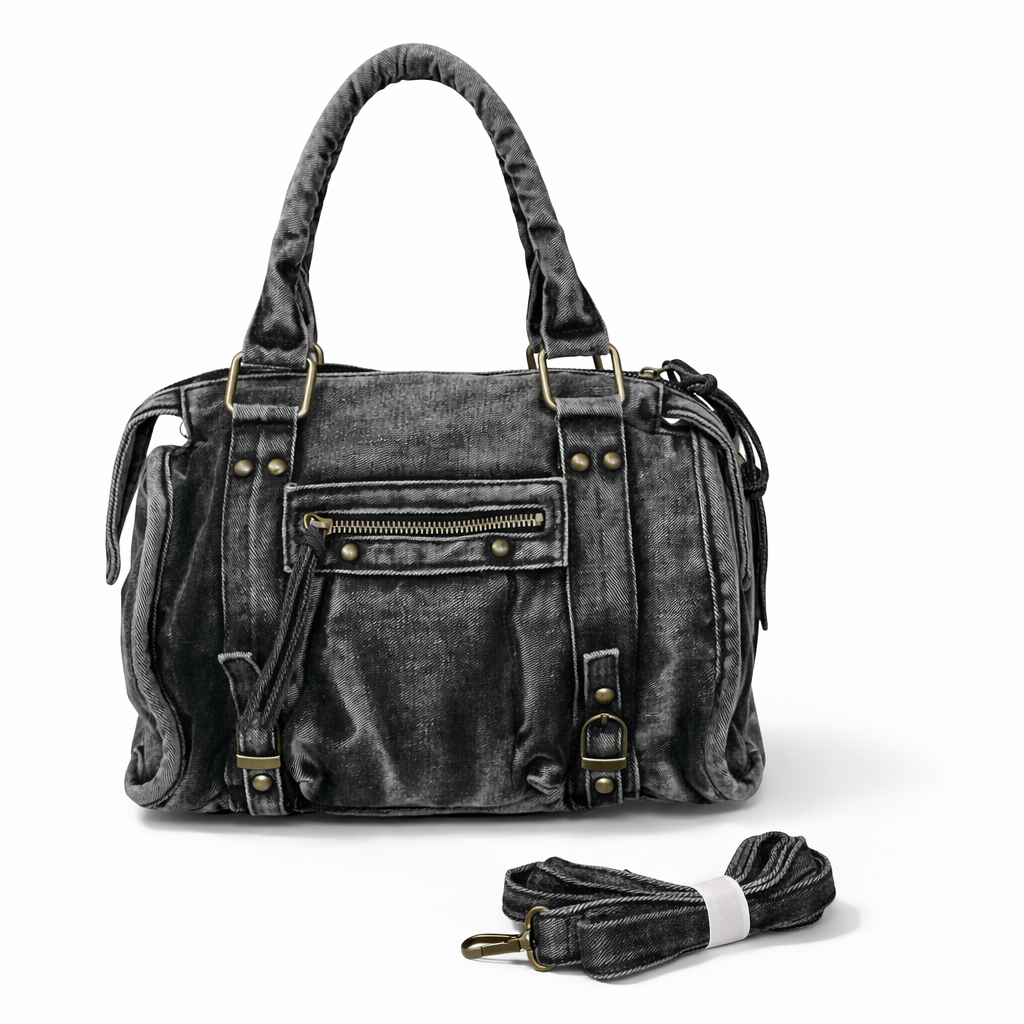 Denim city bag zwart los gefotografeerd met lang hengsel