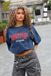 Donkerblauw Boston T-shirt met oversized fit voor dames