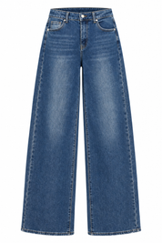 Productfoto van de extra lange blauwe wide leg jeans 7437-1 met hoge taille, vijf zakken en wijde broekspijpen op een witte achtergrond.
