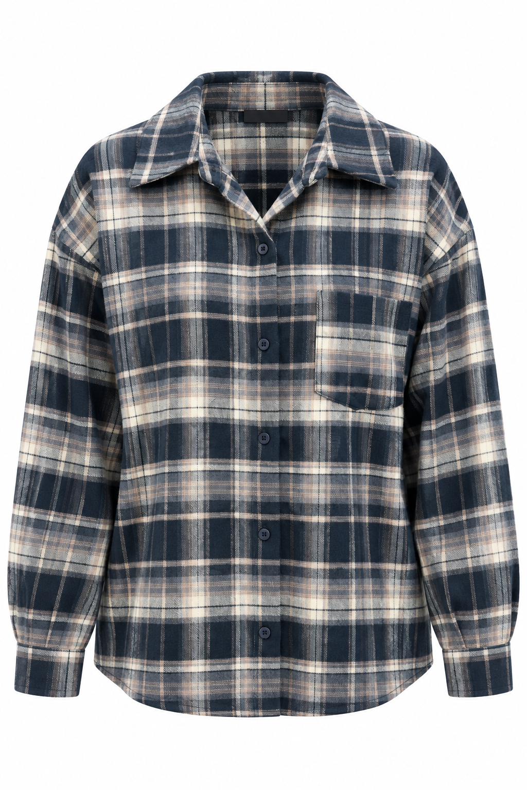 Vrijstaande productfoto van de donkerblauwe flanellen damesblouse met wit ruitpatroon, kraag, knoopsluiting en lange mouwen.