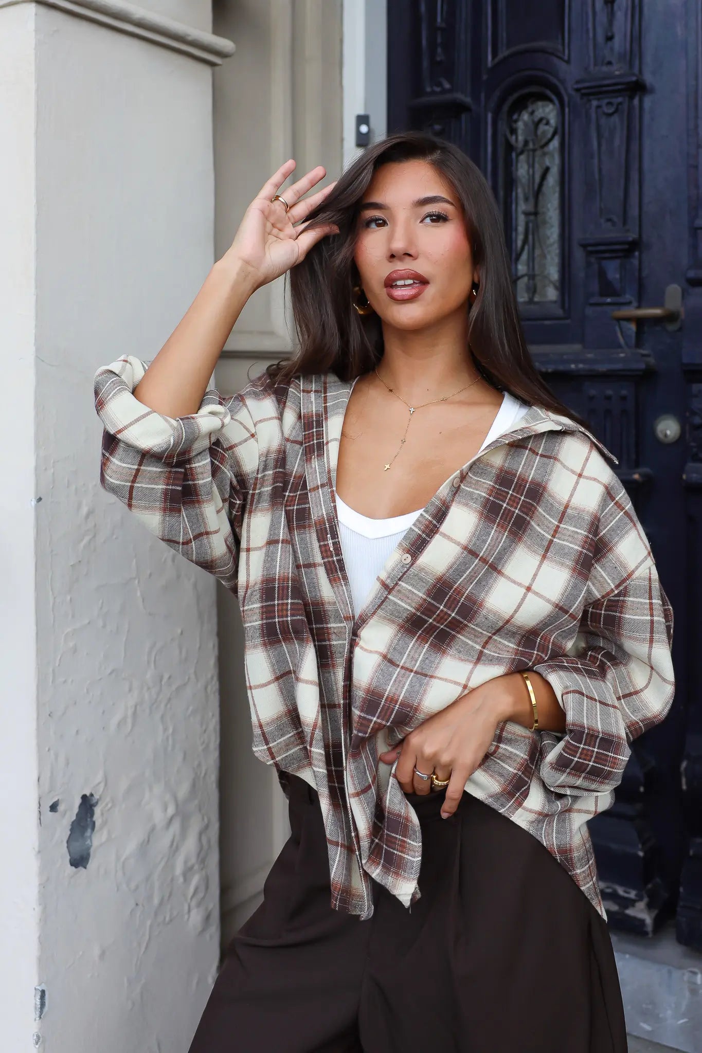 Flannel blouse met camel ruit dames los gedragen