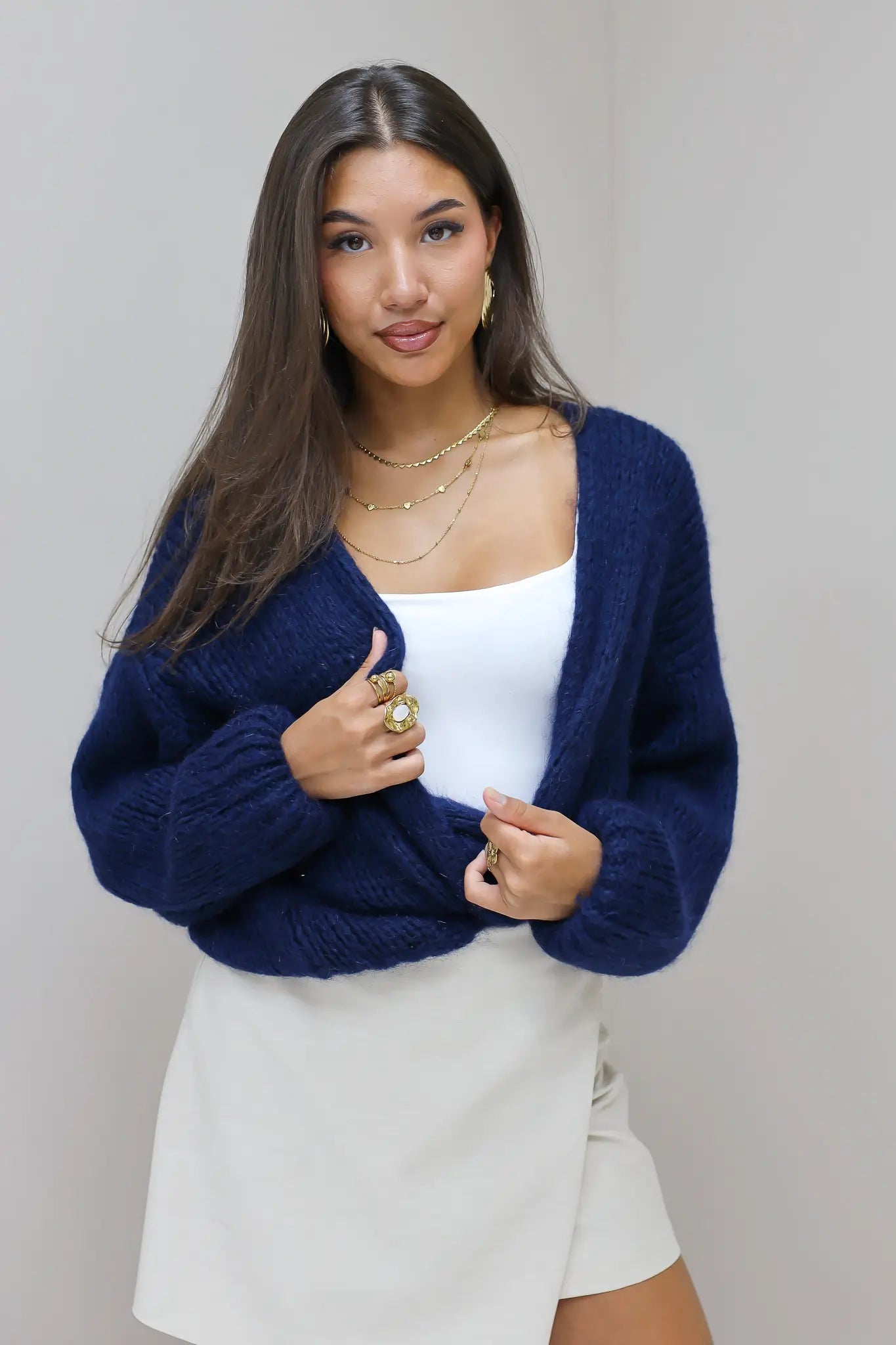 gebreid vest donker blauw open vest zonder sluiting bernadette mohair Ladylike Fashion webp