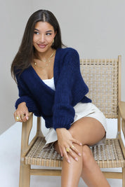 gebreid vest donker blauw open vest zonder sluiting bernadette mohair Ladylike Fashion