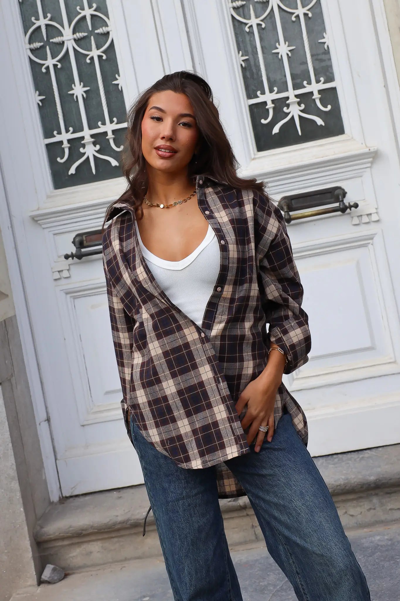Geruite blouse bruin dames met lange mouwen