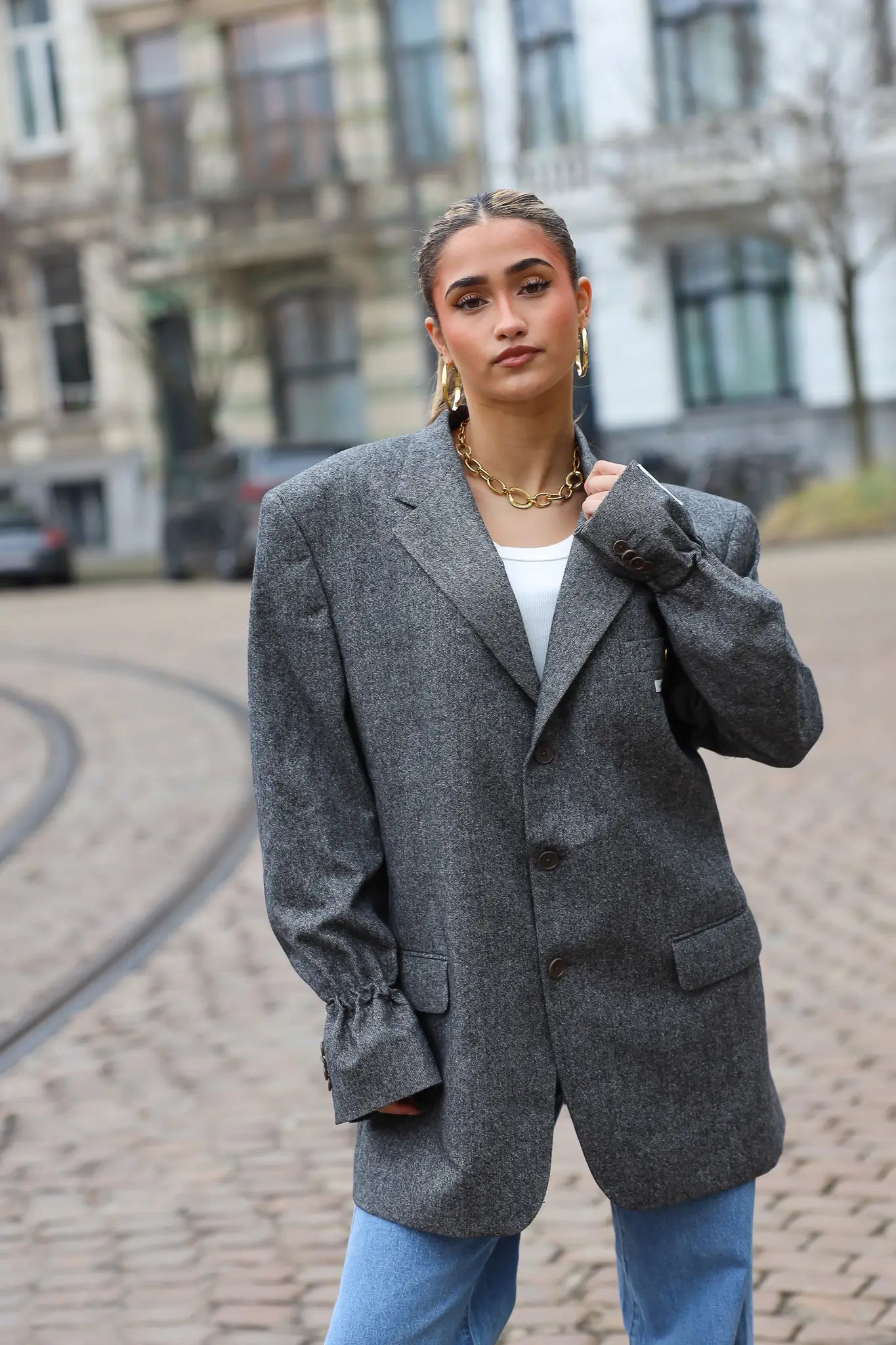 Voorkant van de Gianfranco Ferré reworked heren blazer in grijs