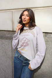 Grijs shirt dames met Originals Studio print en blauwe jeans
