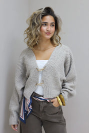 Studiofoto van model met grijs vest aan de voorkant