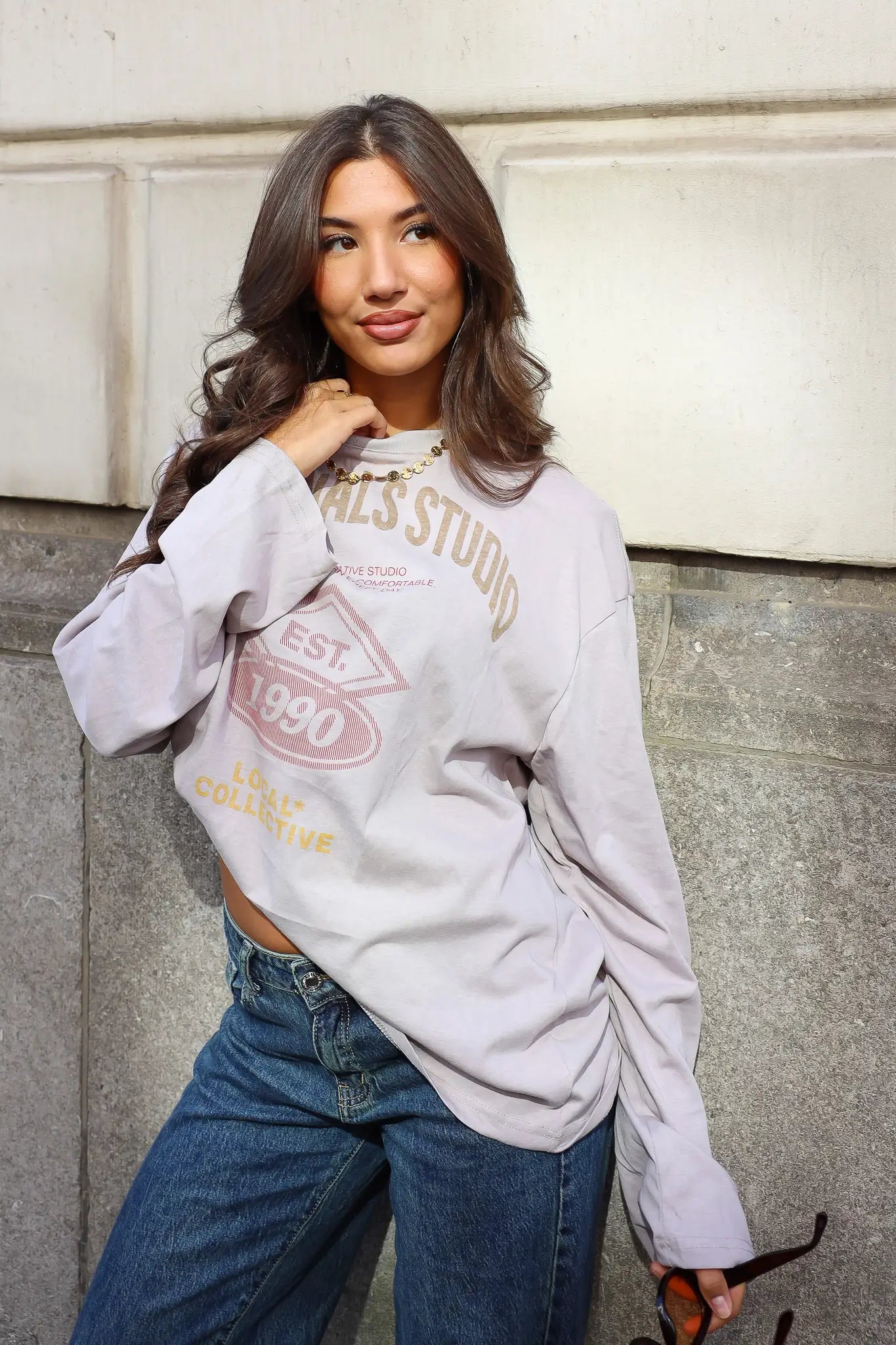 Grijze Originals longsleeve dames met gekleurde tekstprint