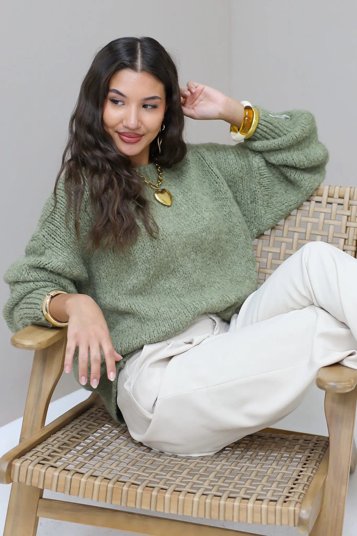 Gebreide Trui Pof Mouwen Khaki