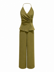 Groene halter jumpsuit met wijde pijpen dames Ladylike Fashion