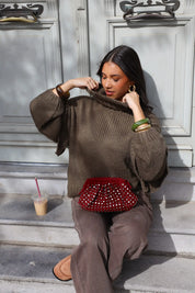 grof gebreide trui col groen col trui dames ruffle mouwen street style foto