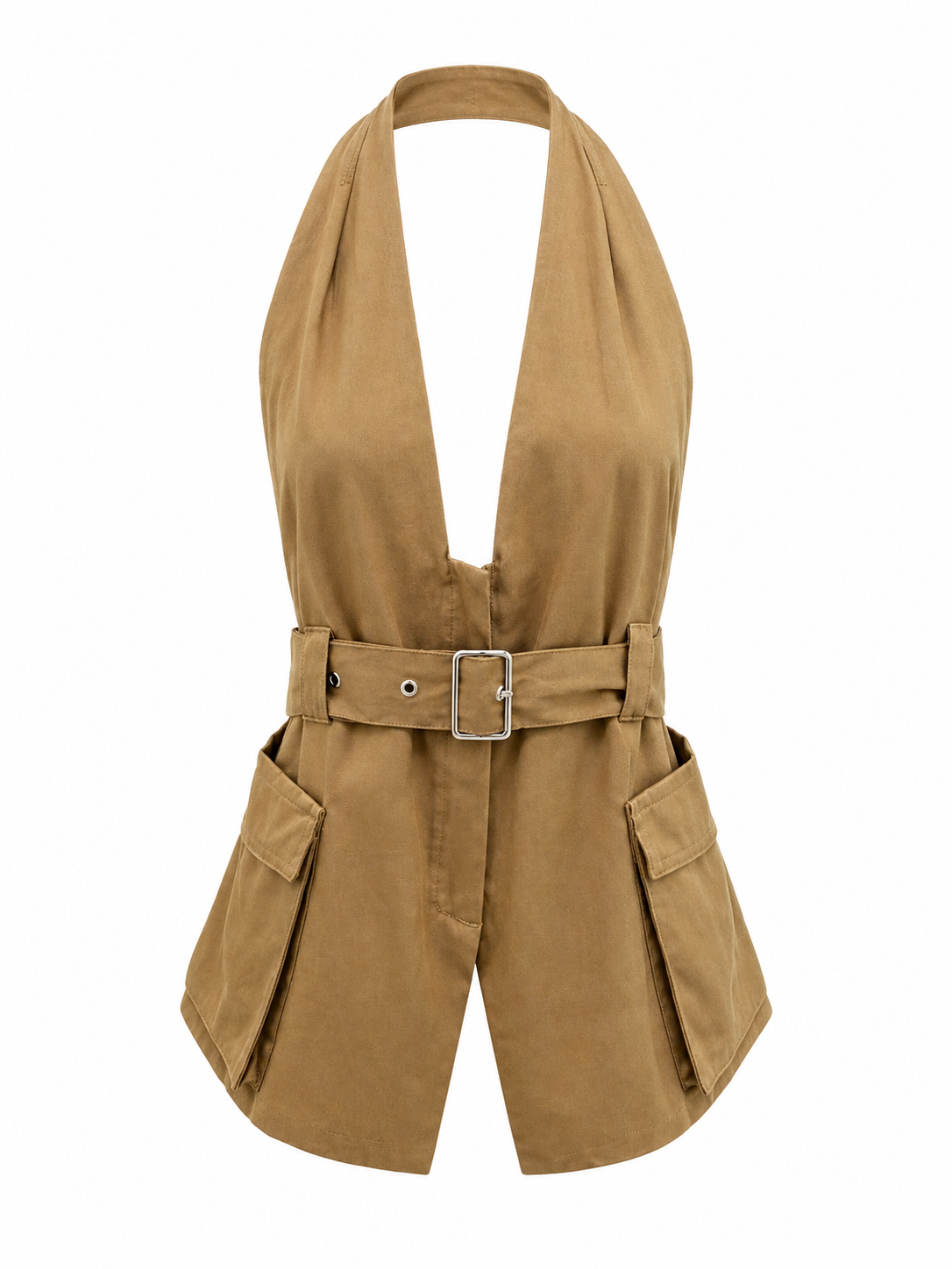 Camel halter top met riem detail en diepe V-hals dames Ladylike Fashion