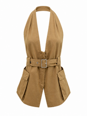 Camel halter top met riem detail en diepe V-hals dames Ladylike Fashion