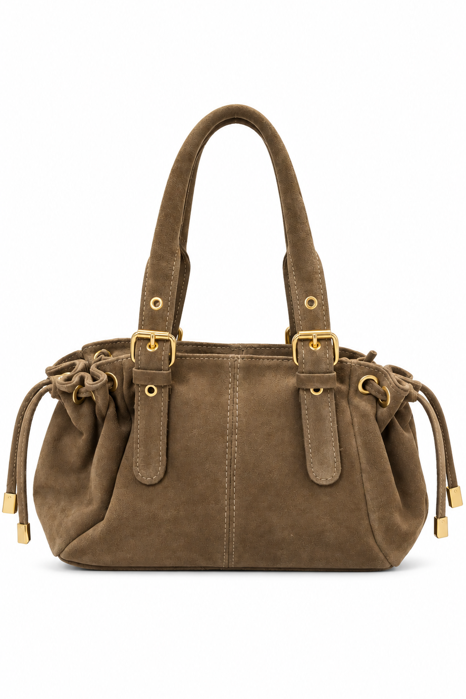 Productfoto van een taupe handtas met suèdelook, dubbele hengsels, goudkleurige details en gespen op een witte achtergrond.