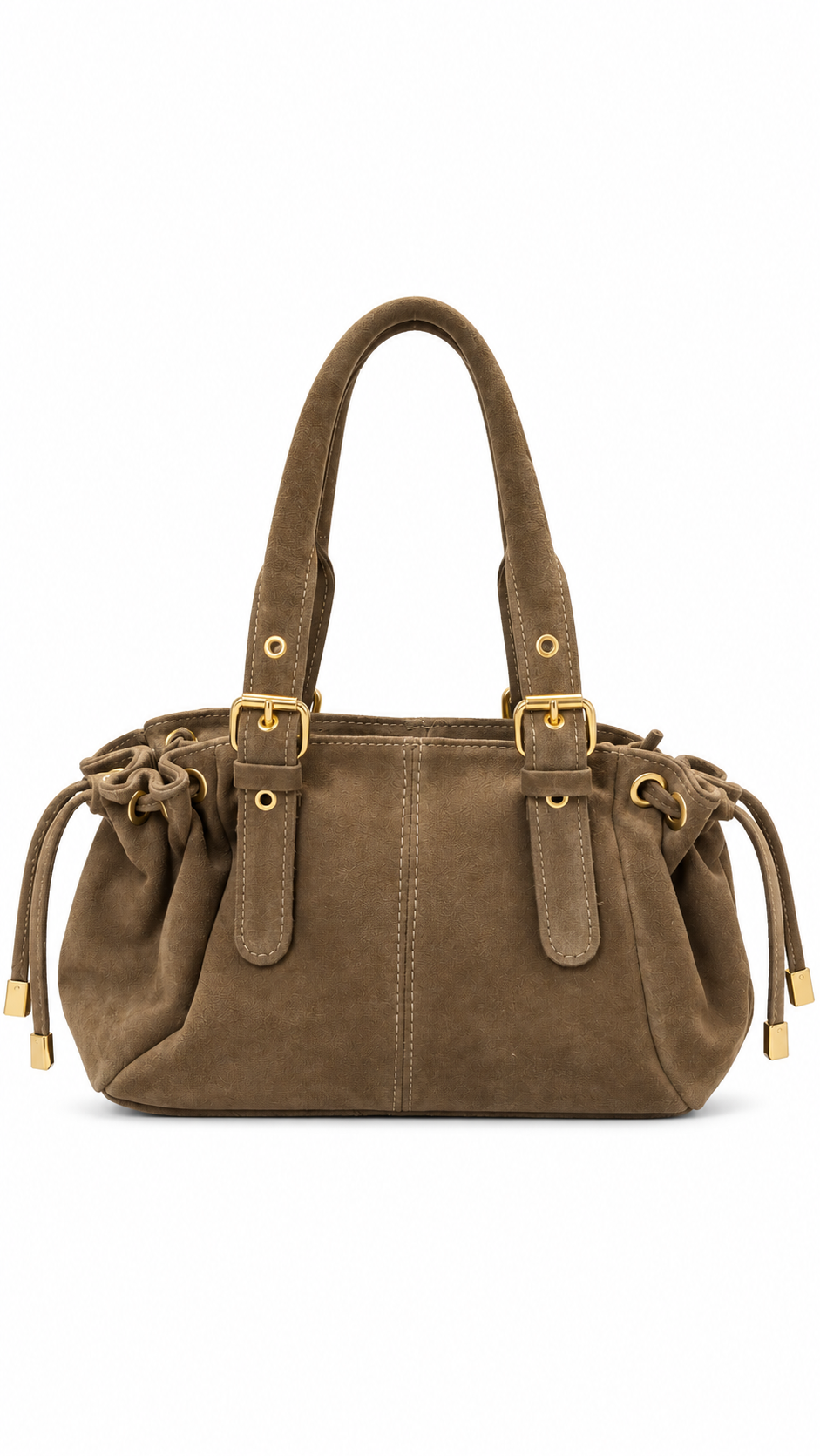 Productfoto van een taupe handtas met suèdelook, dubbele hengsels, goudkleurige details en gespen op een witte achtergrond.
