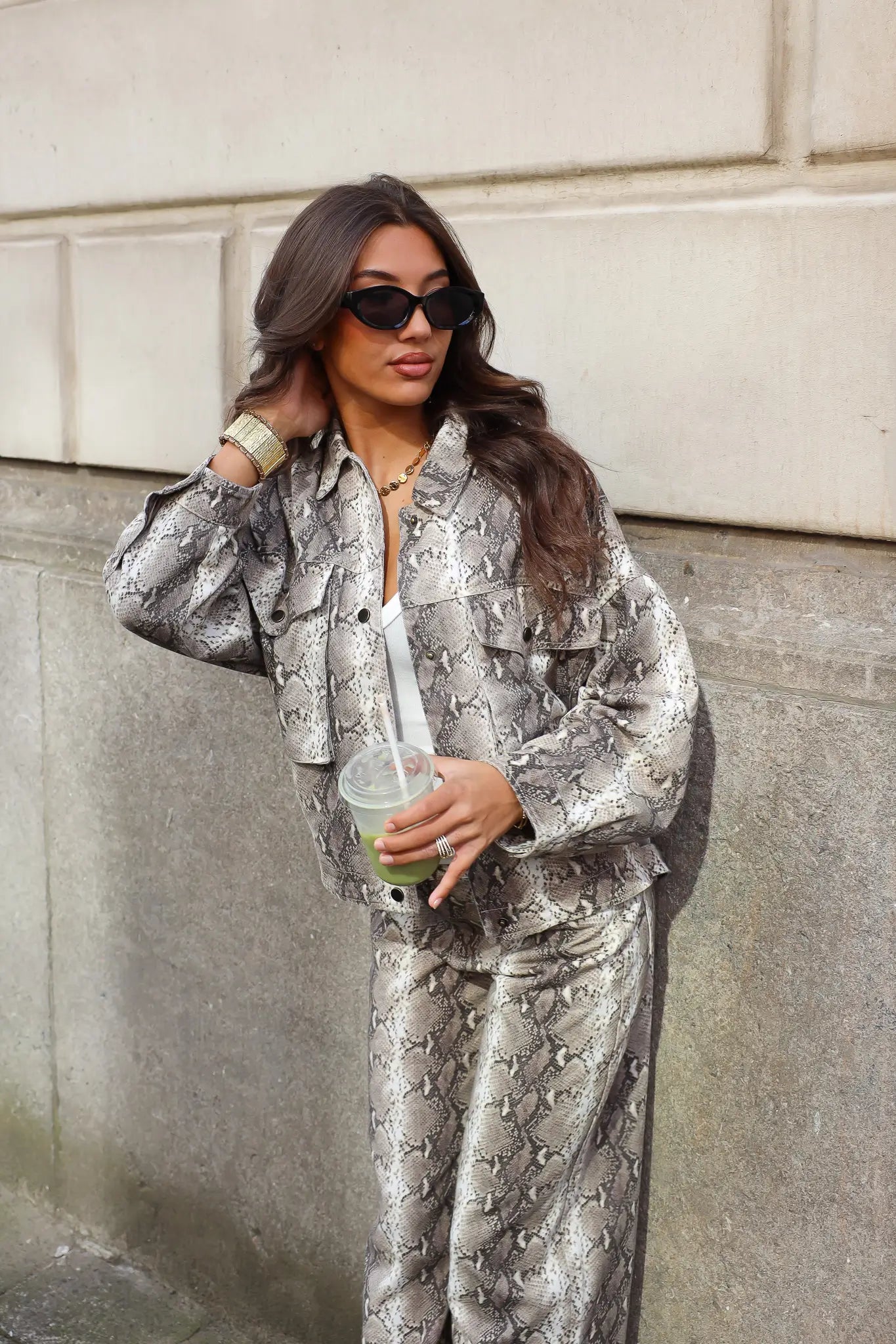 Jas Zakken Slangenprint Beige dames als matching set met broek
