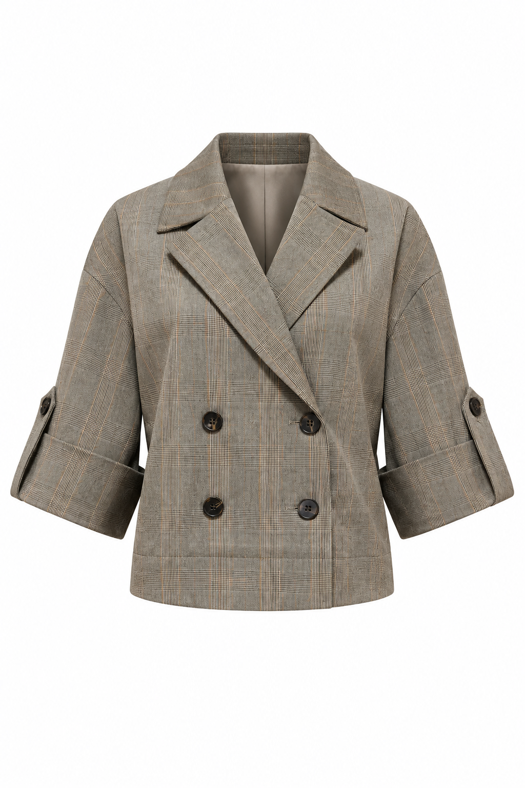Productfoto van Jasje Ruit Print Camel met reverskraag, dubbele knoopsluiting en korte mouwen op witte achtergrond