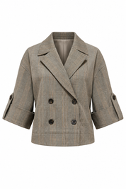 Productfoto van Jasje Ruit Print Camel met reverskraag, dubbele knoopsluiting en korte mouwen op witte achtergrond