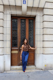 hoge taille jeans met front naad in donkerblauw