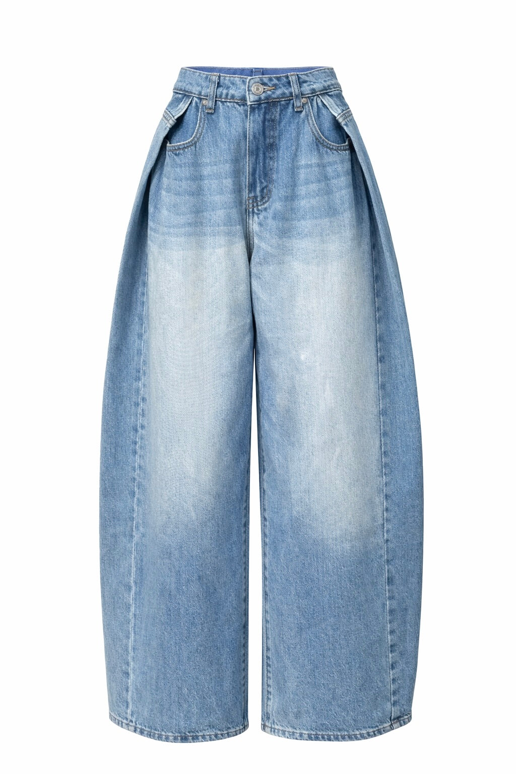 Jeans plooi effect blauw met wijde pijpen en plooien aan de voorkant op productbeeld